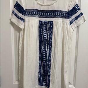 The Impeccable Pig White and Blue Boxy Mini Dress with Bib Collar